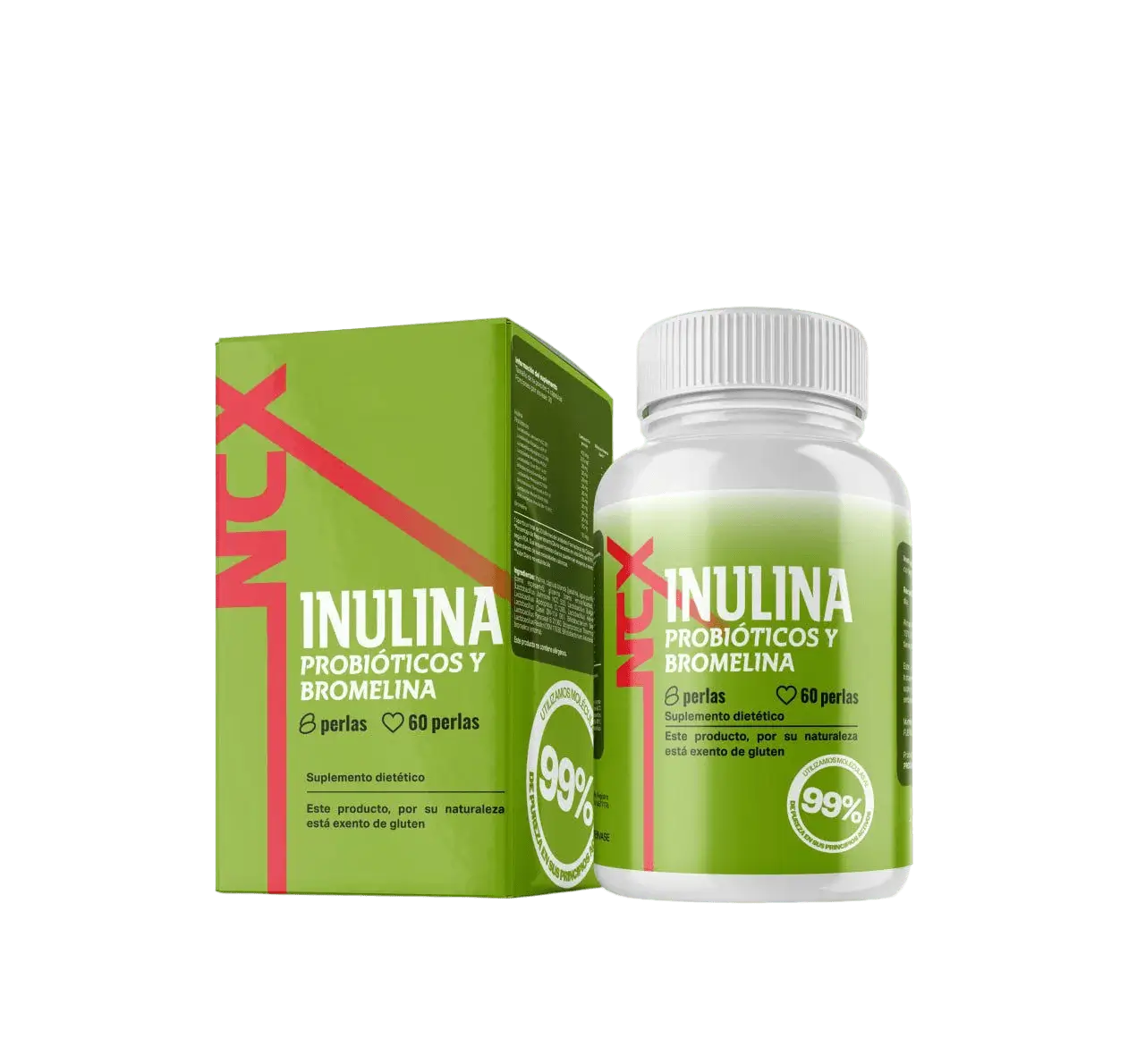 Suplemento de Inulina probioticos y bromelina con su caja