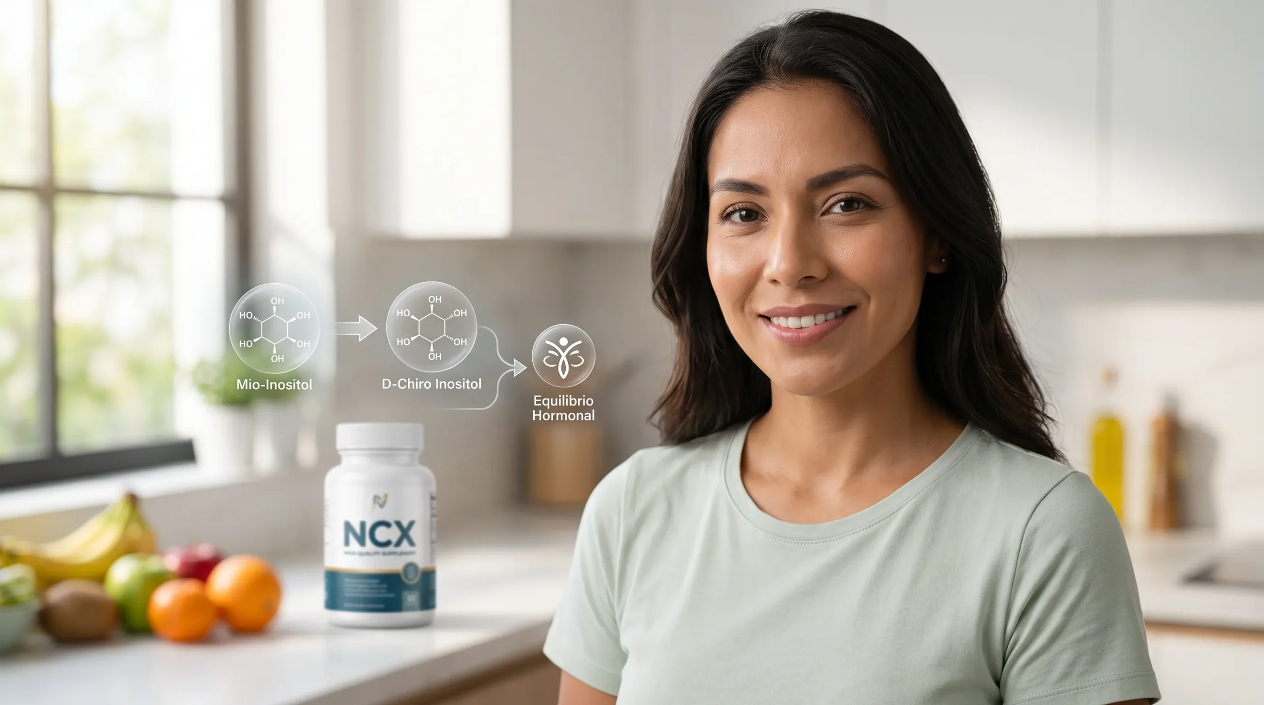 Mujer sonriente sosteniendo suplemento de mio-inositol y d-chiro inositol de la marca NCX para la salud hormonal.