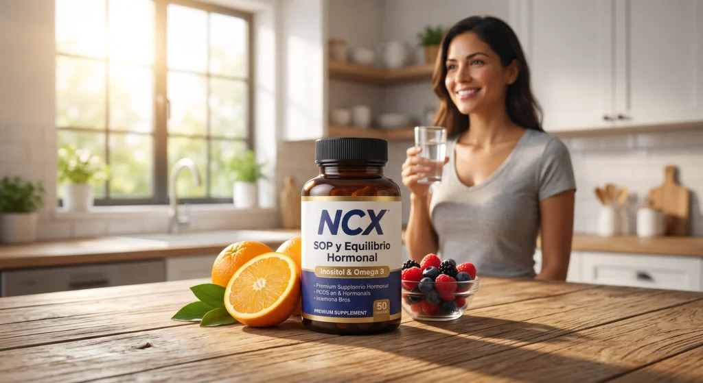 Suplementos naturales para el Síndrome de Ovario Poliquístico (SOP) 7 Mujer sonriendo con agua y suplementos naturales para el SOP marca NCX para el equilibrio hormonal.