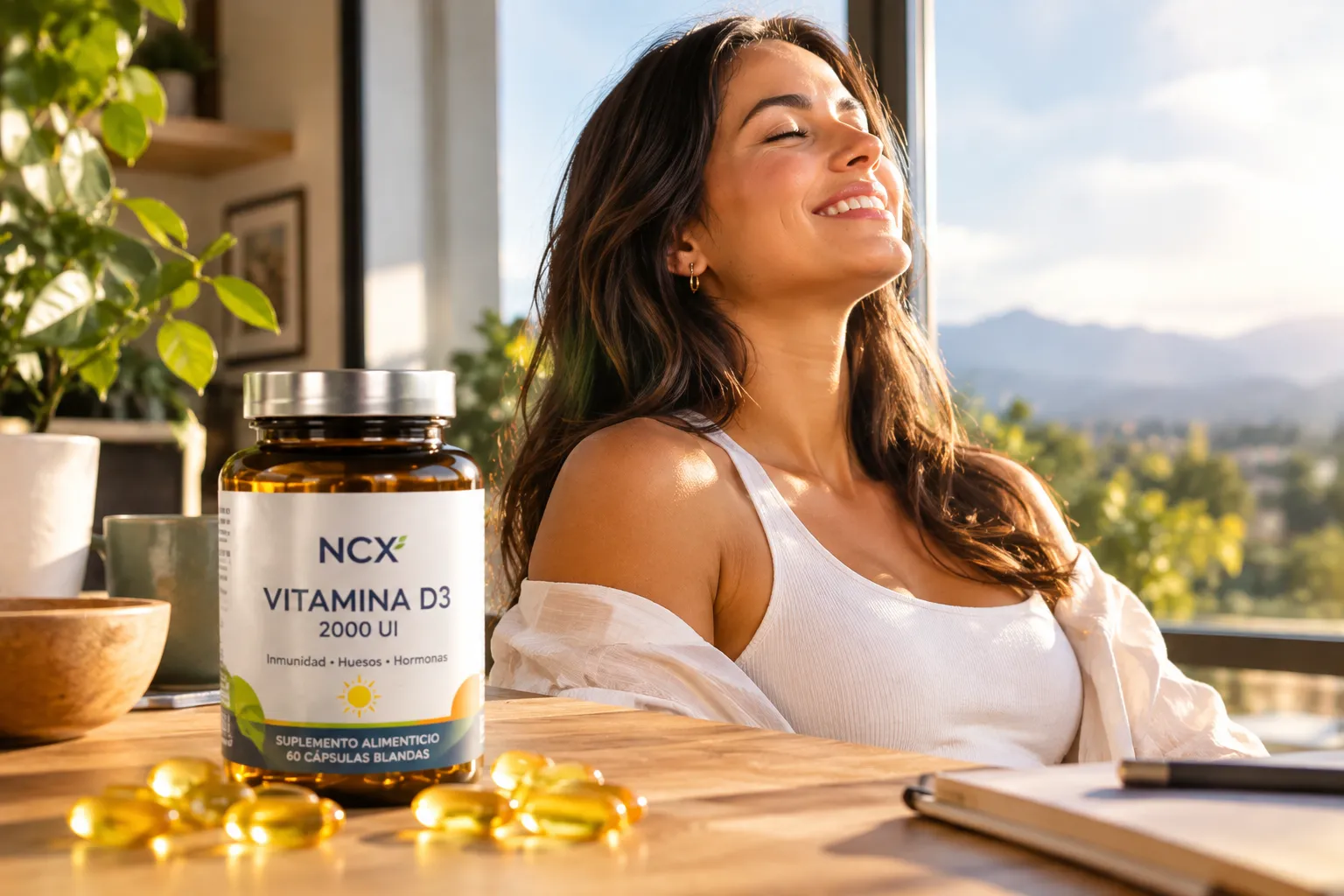 Mujer joven disfrutando de los beneficios de la vitamina d para las hormonas, mejorando su estado de ánimo y salud endocrina con los suplementos NCX en Costa Rica.