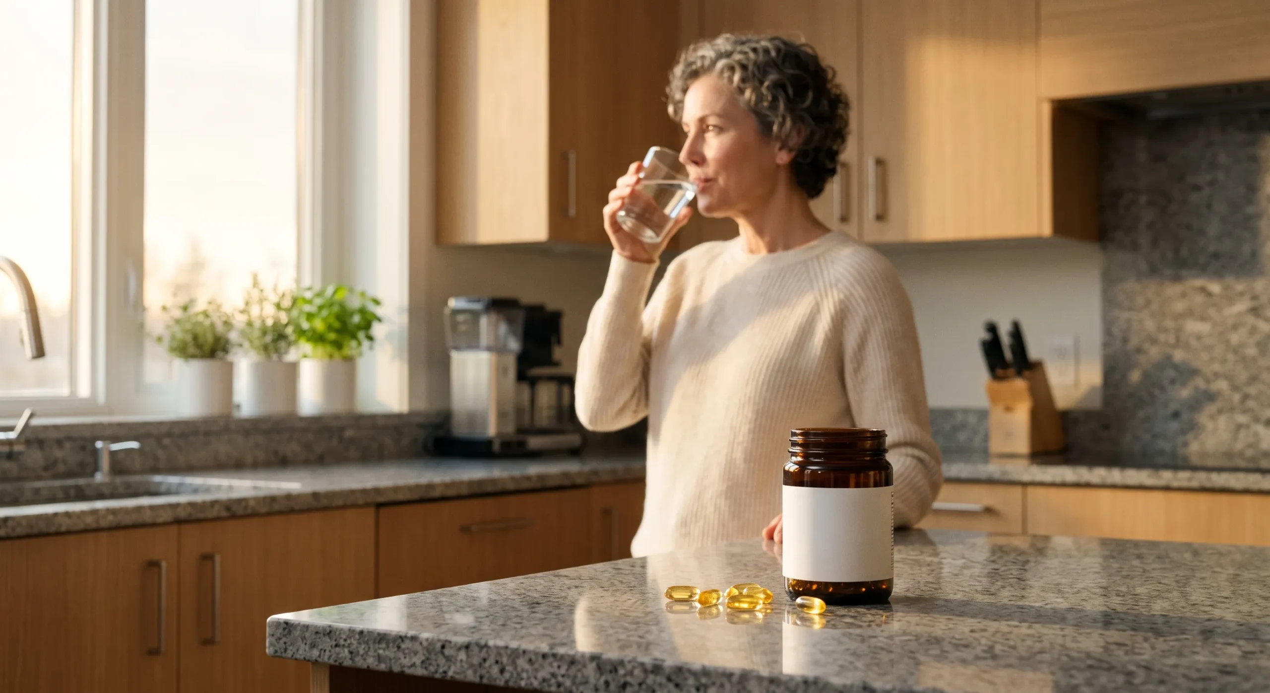 Mujer adulta experimentando los beneficios del omega 3 en la menopausia tomando sus cápsulas matutinas para reducir los sofocos.