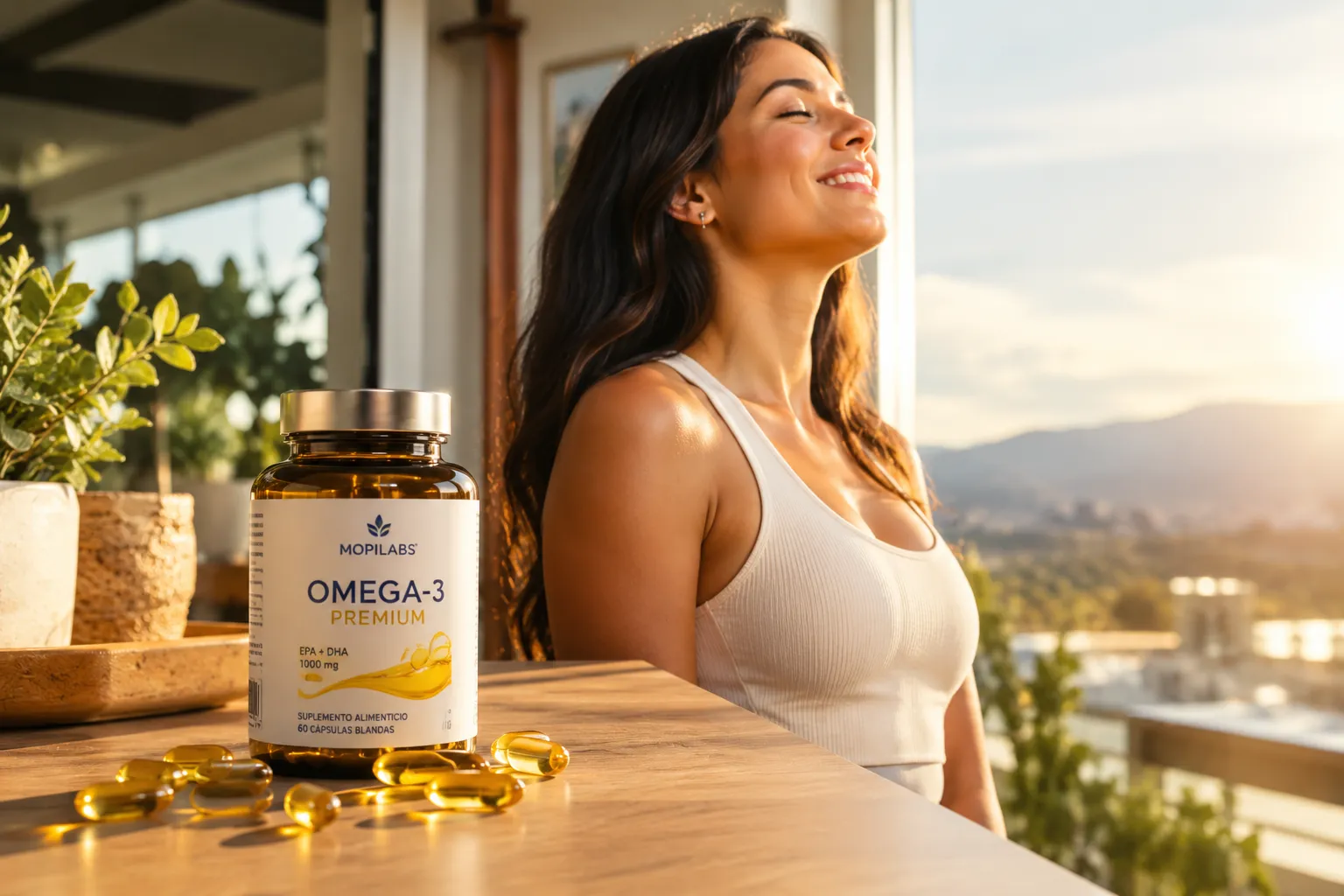 Mujer adulta experimentando los beneficios del omega 3 en la menopausia tomando sus cápsulas matutinas para reducir los sofocos.