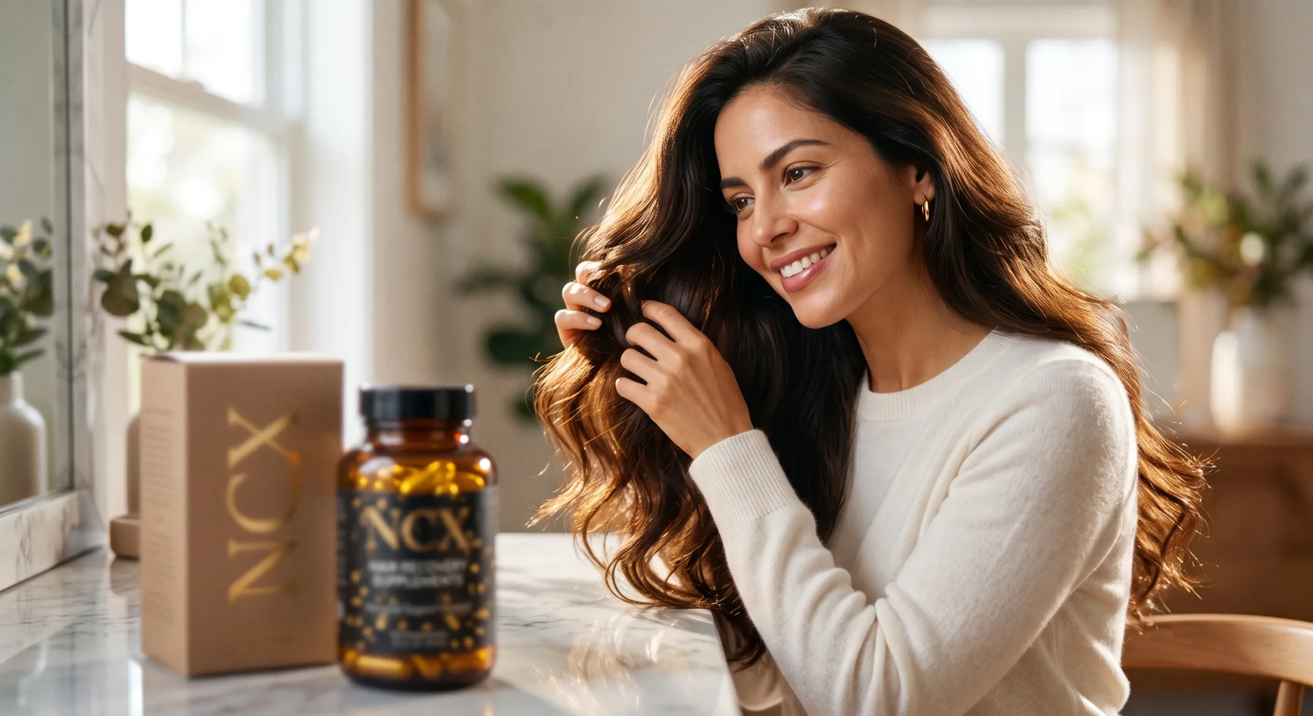 Mujer joven disfrutando de un cabello abundante, fuerte y grueso tras equilibrar su sistema endocrino con el uso clínico de las vitaminas para caida de cabello hormonal de NCX.