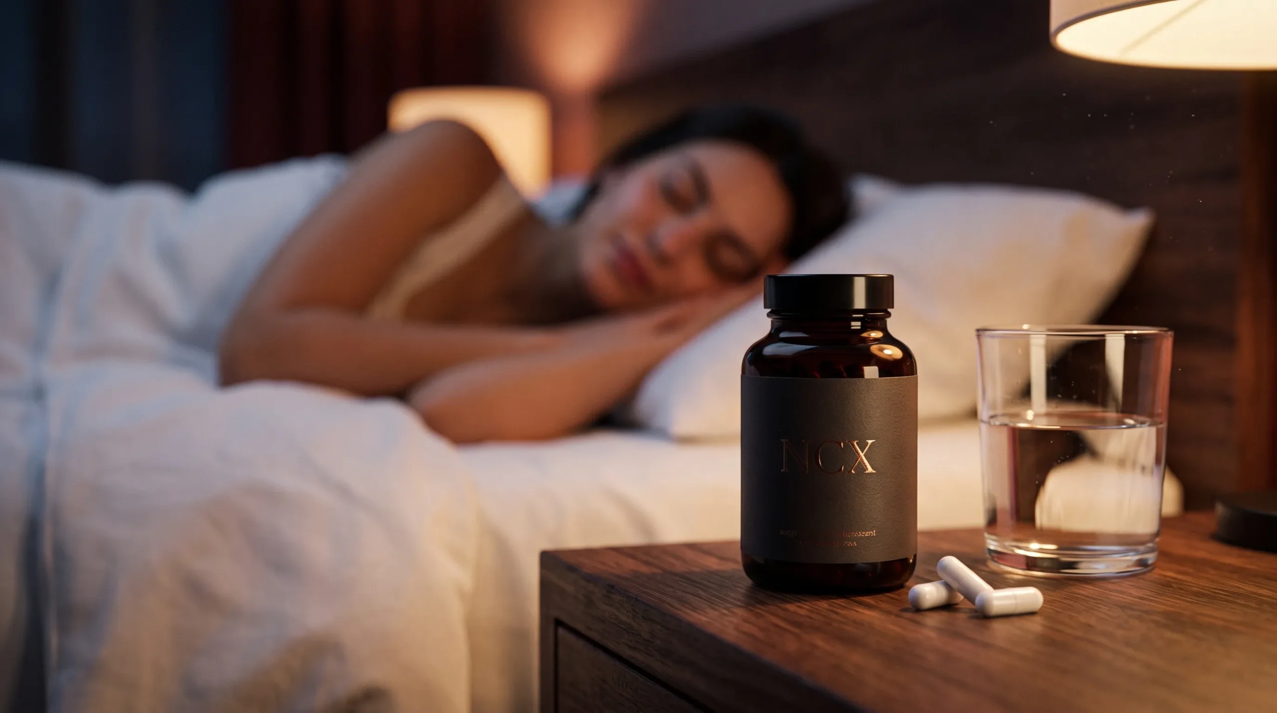 Representación del descanso profundo nocturno demostrando cómo funciona el glicinato de magnesio para dormir y relajar el sistema nervioso utilizando los suplementos puros de NCX Costa Rica.